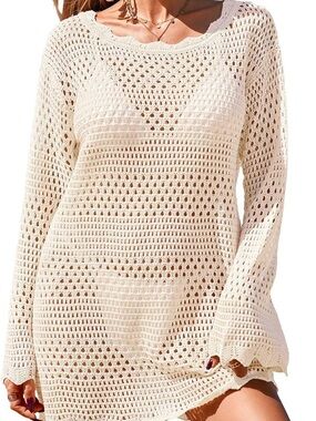 Women's Cream Crochet Scoop-Neck Sweater Cover-Up